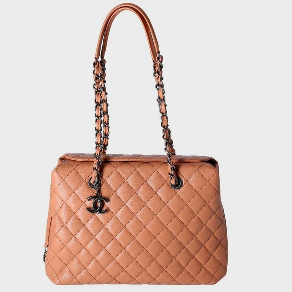 TRADES WELCOME Chanel Tan Quilted Caviar Leather Large Shopping Tote
